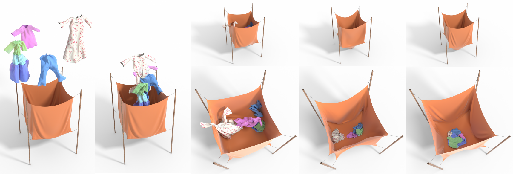 Cloth basket teaser: four garments are launched toward a basket with fixed corners, collide, and accumulate inside