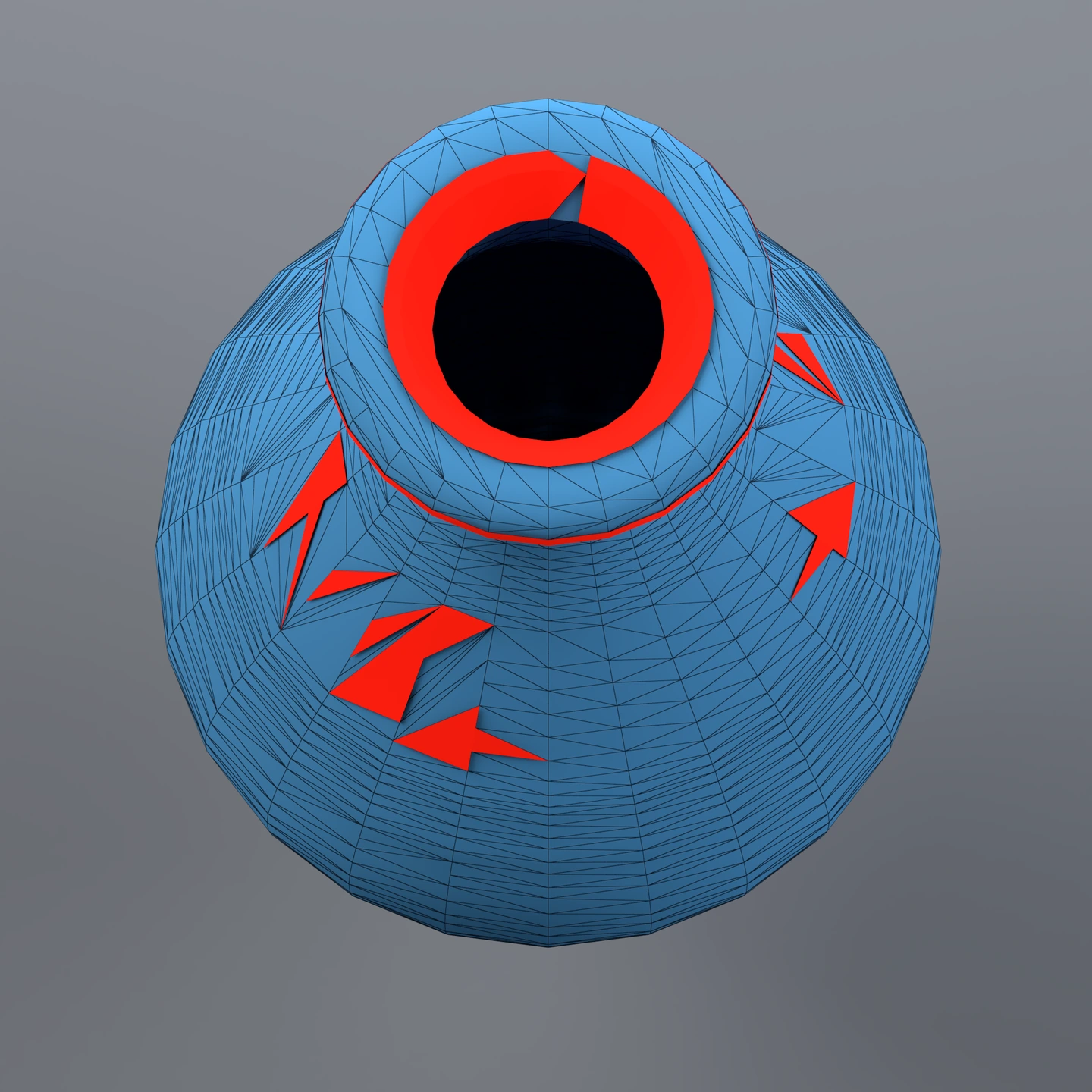 Reference Jar from ShapeNetCore v2, case 03593526_569b55cfce8c4d15b136b011ae1ece0c. Red faces mark intersections; blue faces are other triangles.