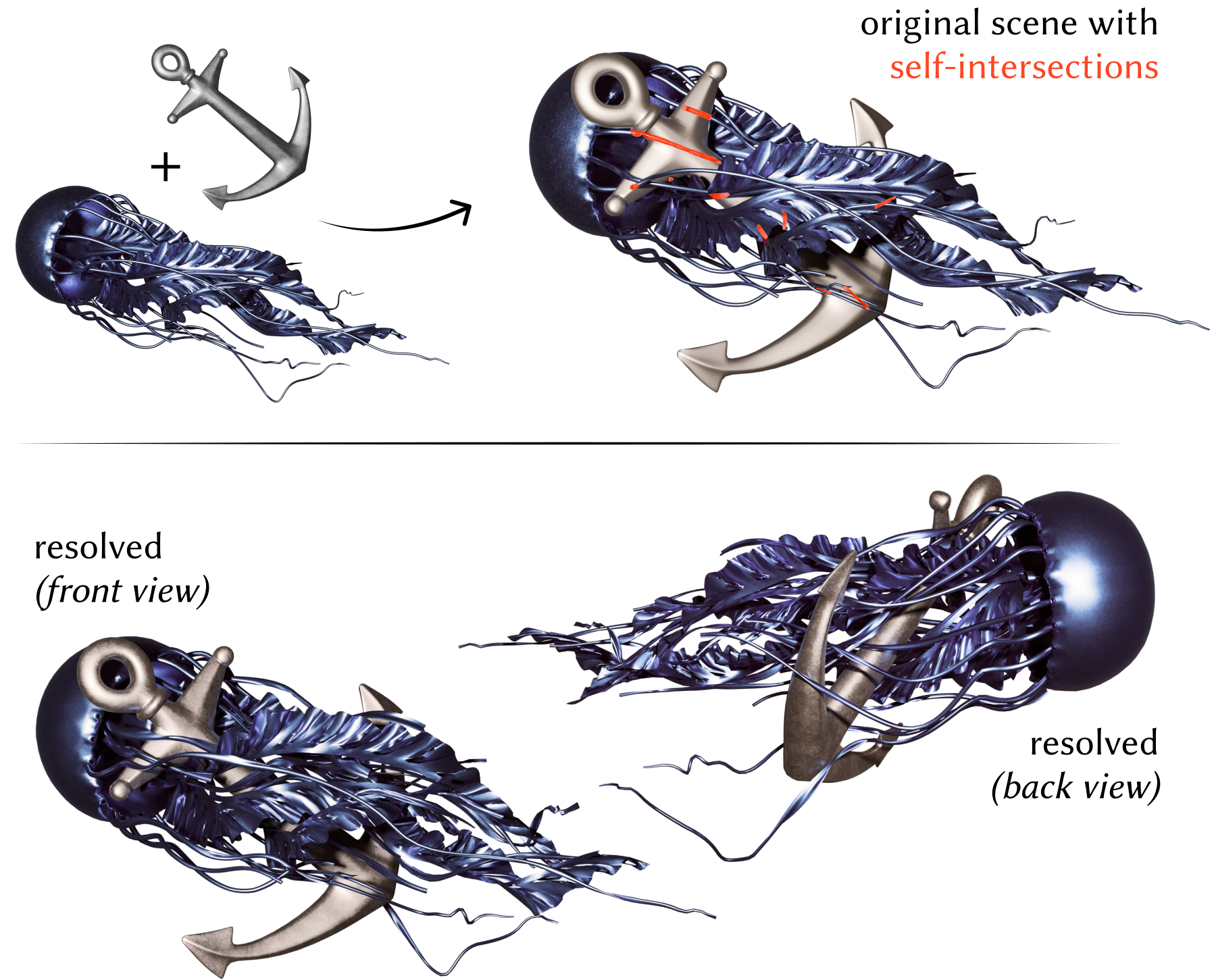 A jellyfish mesh arranged around a fixed anchor, shown before and after removing self-intersections.
