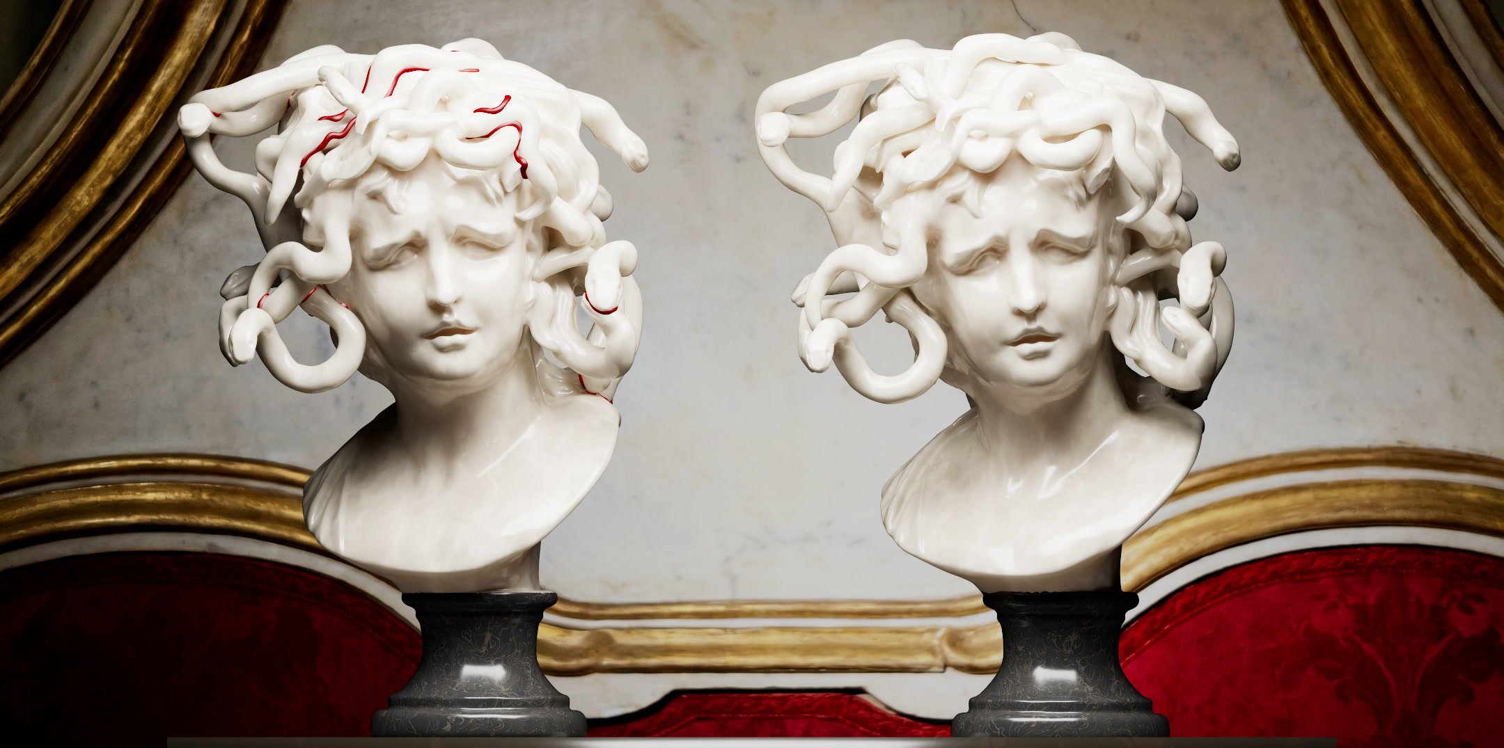 Side-by-side render of a Medusa bust: the left mesh has self-intersections marked in coral red, while the right mesh is fully untangled without changing connectivity.
